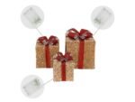 Conjunto de 3 Presentes de Natal Da Deco com Leds Castanho Claro/Vermelho com Laços e Temporizador