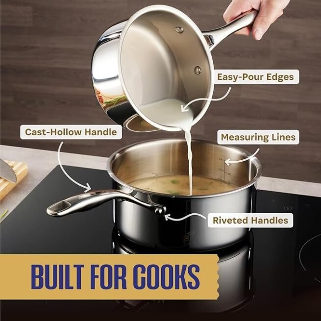 LEGEND COOKWARE Conjunto de panelas de aço inoxidável | 5 camadas, 14 peças, indução, não tóxico, seguro para forno | Melhor 18/8 totalmente revestido