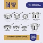 LEGEND COOKWARE Conjunto de panelas de aço inoxidável | 5 camadas, 14 peças, indução, não tóxico, seguro para forno | Melhor 18/8 totalmente revestido