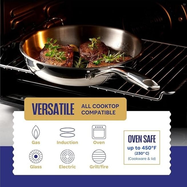 LEGEND COOKWARE Conjunto de panelas de aço inoxidável | 5 camadas, 14 peças, indução, não tóxico, seguro para forno | Melhor 18/8 totalmente revestido