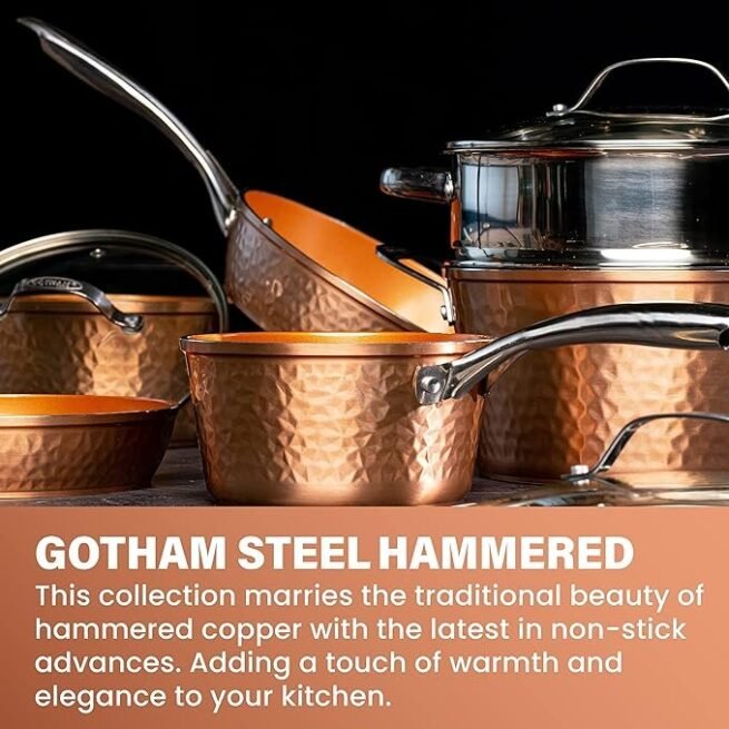Gotham Steel Coleção Hammered Copper – Conjunto de panelas e frigideiras premium de 20 peças de cerâmica antiaderente