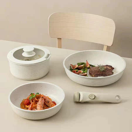 Jogo de Panelas 3 Peças Gás Indução Revestida Antiaderente Frigideira Caçarola Cabo Removível