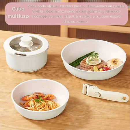 Jogo de Panelas 3 Peças Gás Indução Revestida Antiaderente Frigideira Caçarola Cabo Removível