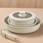 Jogo de Panelas 3 Peças Gás Indução Revestida Antiaderente Frigideira Caçarola Cabo Removível